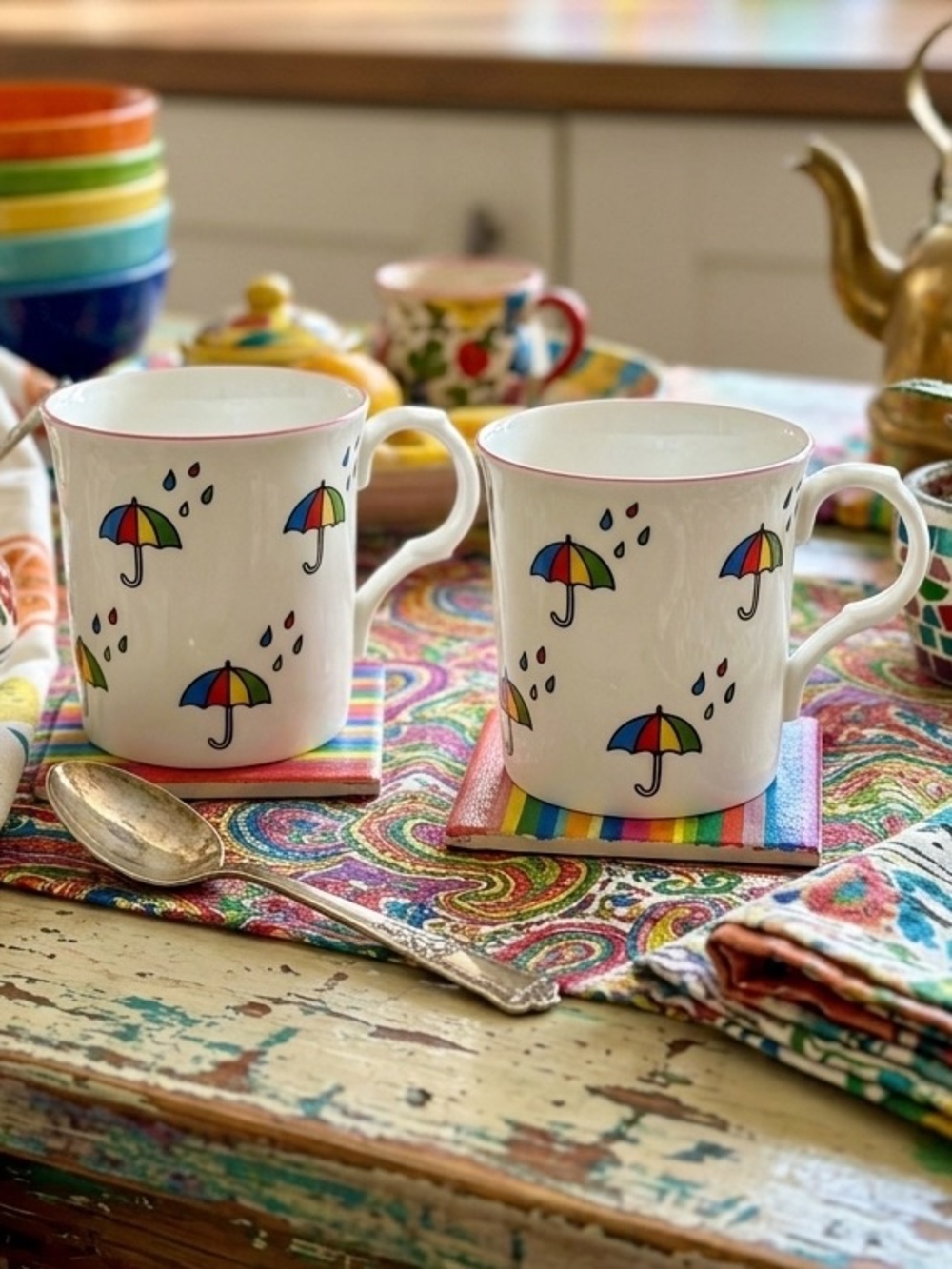 80s Rainbow Umbrella Crown Trent Coffee Tea Mugs Bone China made in ENGLAND